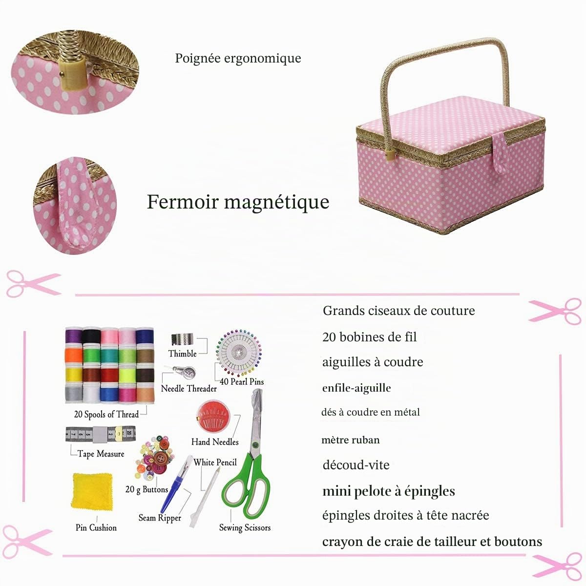 D&D Boîte de couture organisateur de rangement de kit de couture pour la maison et un usage quotidien (rose)