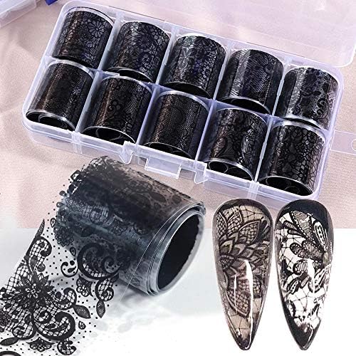 10Rolls Retro Holographic Nail Foil Transfer Stickers Black Lace Laser Foils Nail Art Supplies Starry Paper Designs for Acrylic Decorations Women DIY Nail Arts Manicure Wraps Charms..