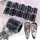 10Rolls Retro Holographic Nail Foil Transfer Stickers Black Lace Laser Foils Nail Art Supplies Starr