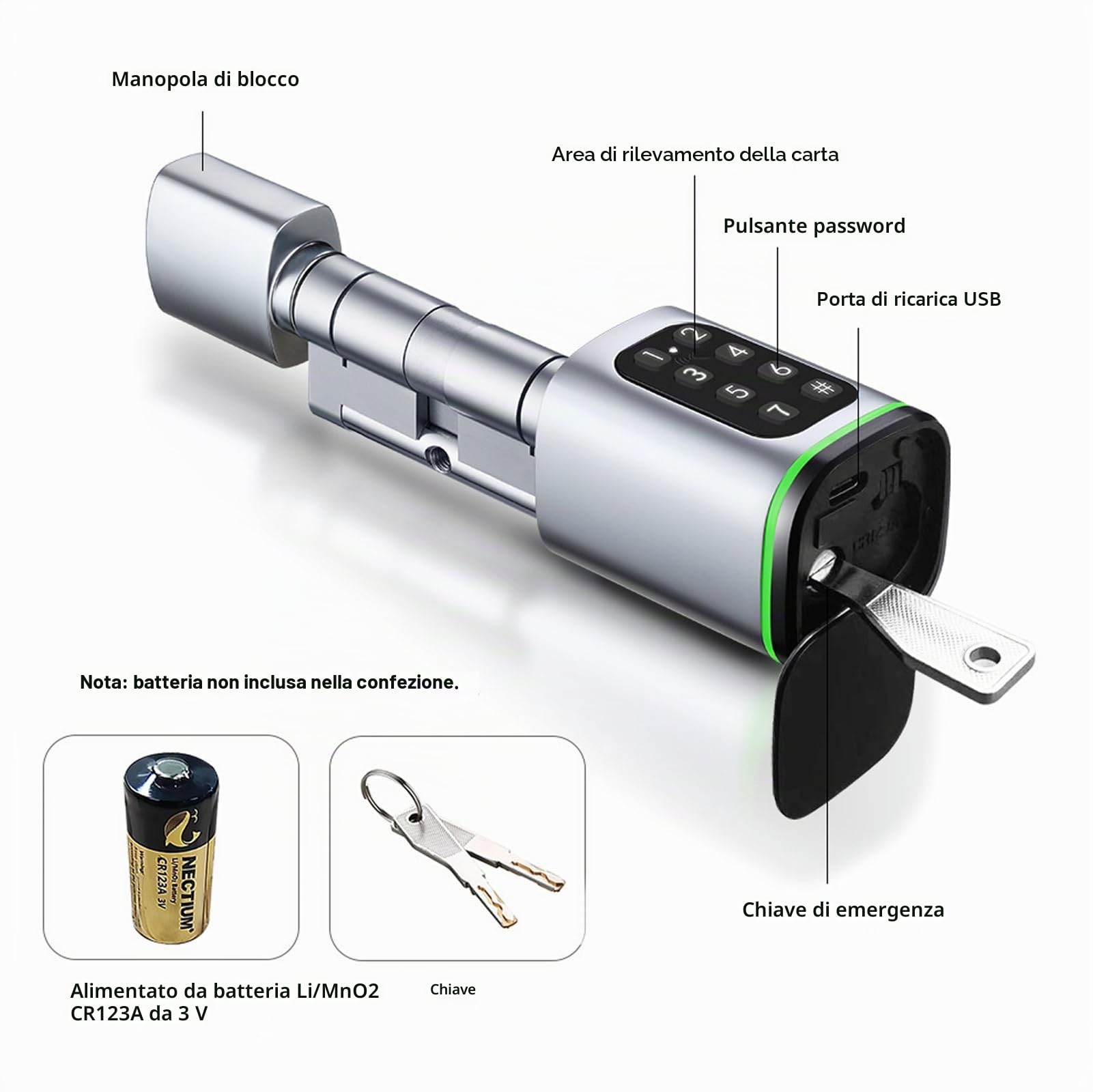 Codice, serratura intelligente per porta collegata con app, serratura per porta di casa con chiave manuale, serratura elettronica per porta da 1,4 a 1,8 in spessore e foro di blocco standard europeo