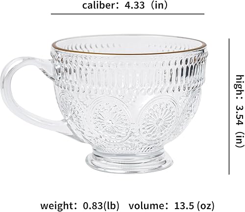 Miniatura 4 de Juego de 2 tazas de café de vidrio vintage, taza de té en relieve de 13.5 onzas, cristalería vintage para el desayuno, ideal para leche, café,