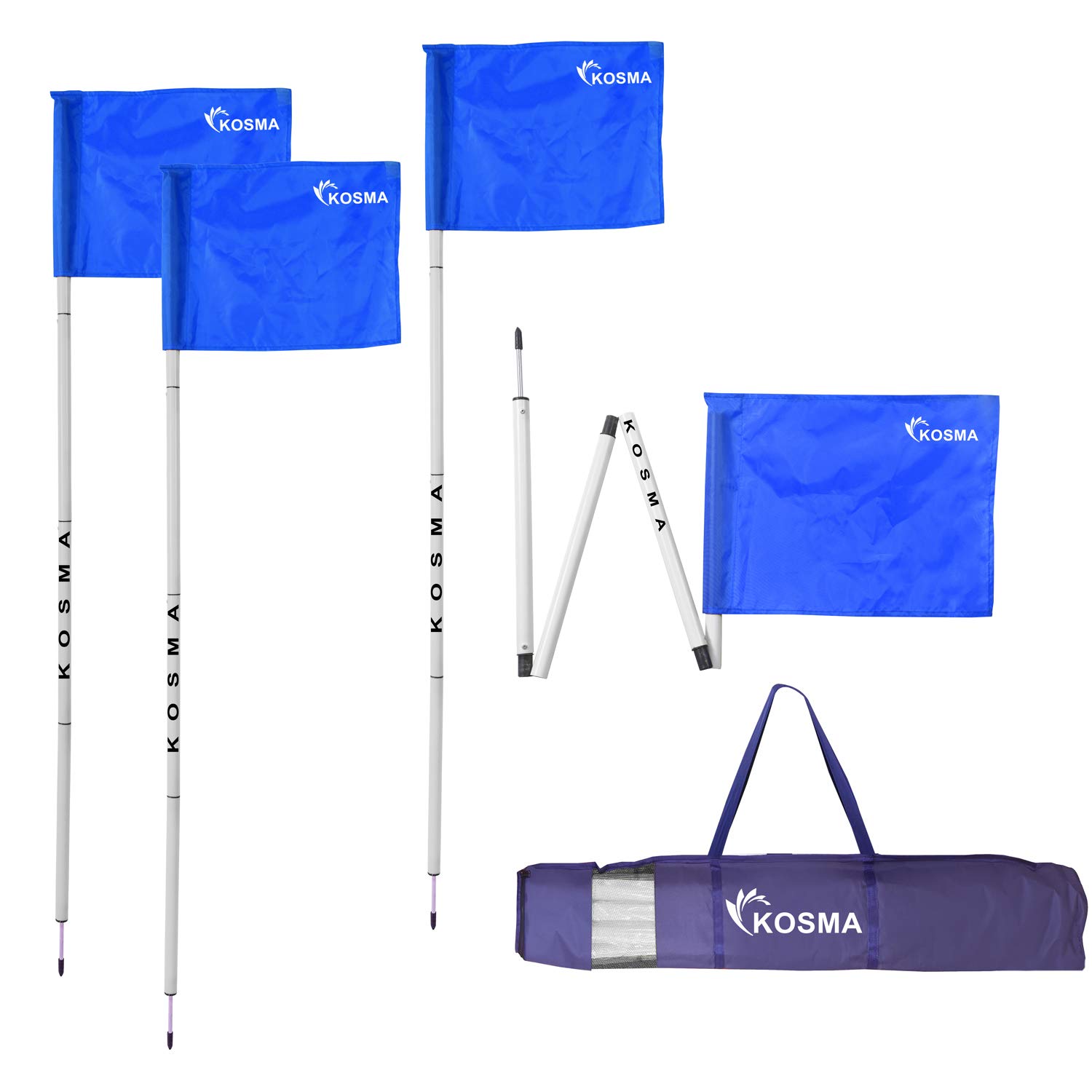 Kosma Set of 4PC Collapsible Corner Flag |Foldable Football Training Corner Flag Pole- Size: 5 Ft x 25mm - White pole with Metal Spike & Blue Flag - in carry bag