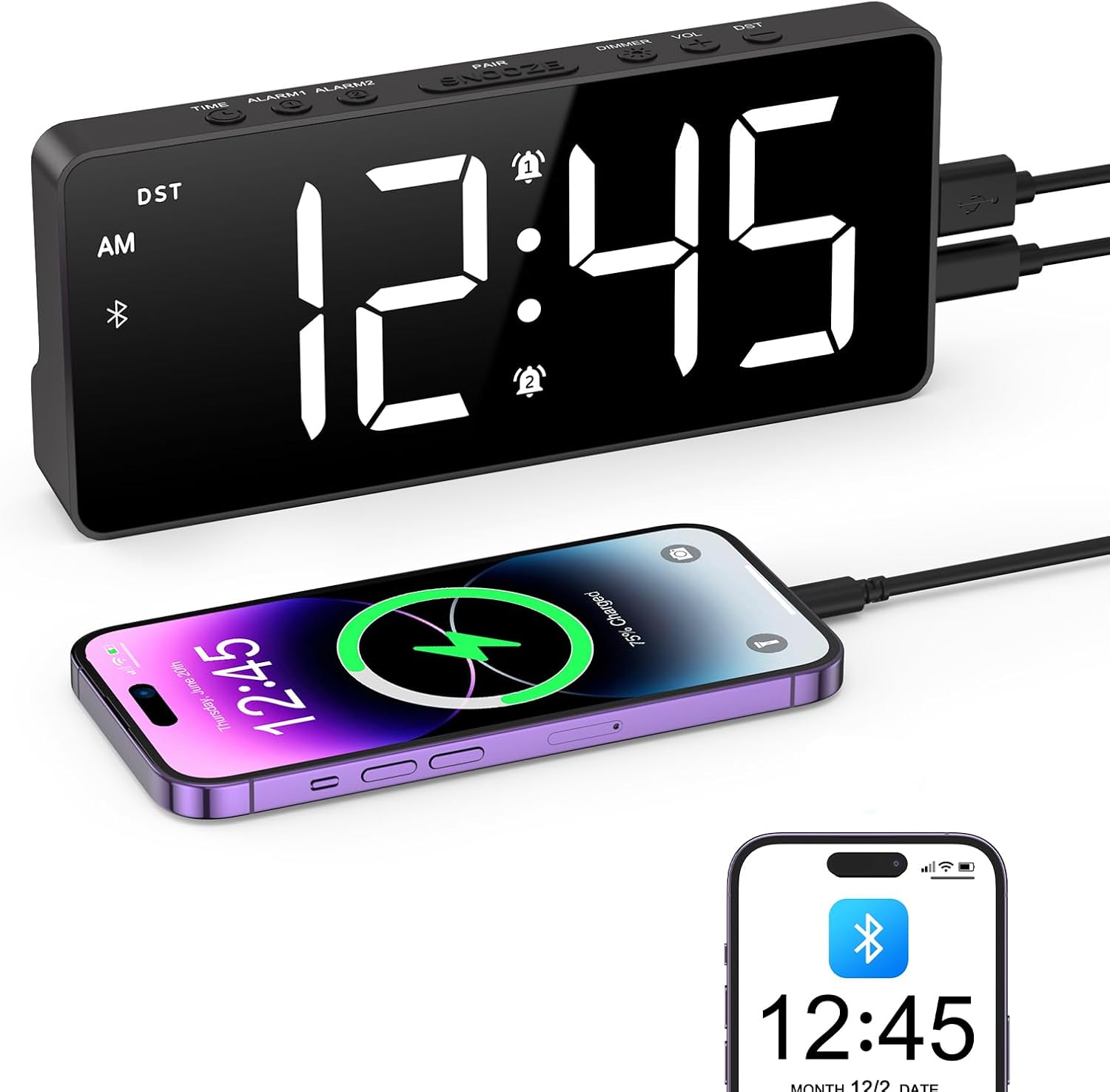 Digital Alarm Clock, Bluetooth Sync Time Bedside Alarm Clock with 5 Adjustable Brightness, 3 Adjustable Volume, Snooze, DST, 12/24H, Type-C/Battery Powered, Dual Alarm for Bedroom, Office
