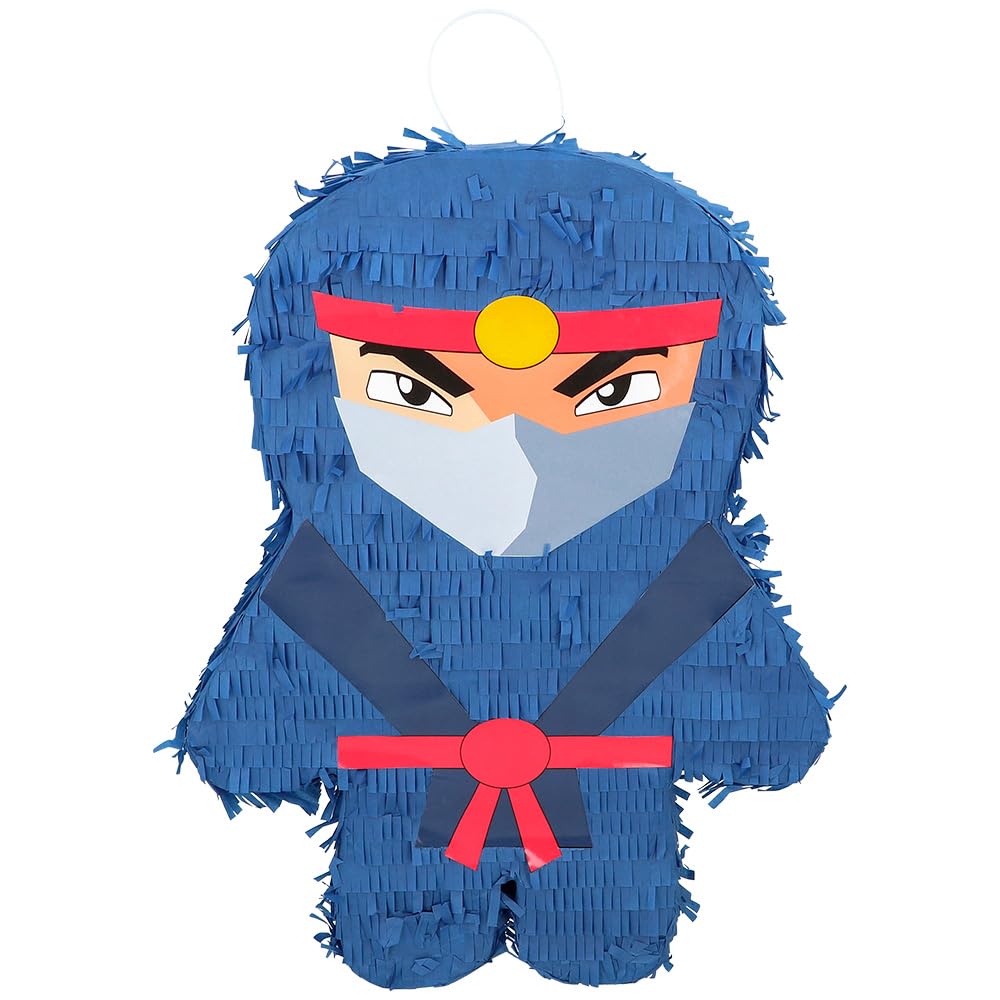 Pinata - Ninja, bâton de frappe et masque - Comme jeu et décoration pour anniversaire d'enfant et fête à thème - Dimensions : 45 x 34 x 10 cm - Compatible avec anniversaire Ninjago - Fête pour enfants