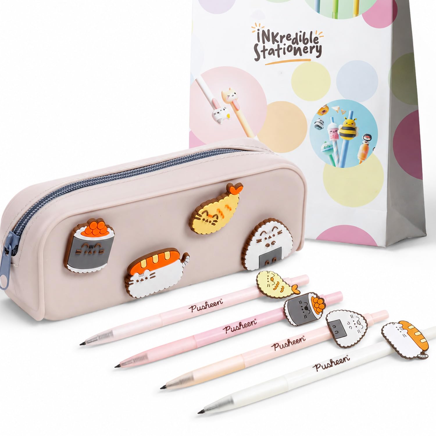 Puckator Pusheen Sushi Pencil Case & 4 Bento Club Everlasting Pencils Set