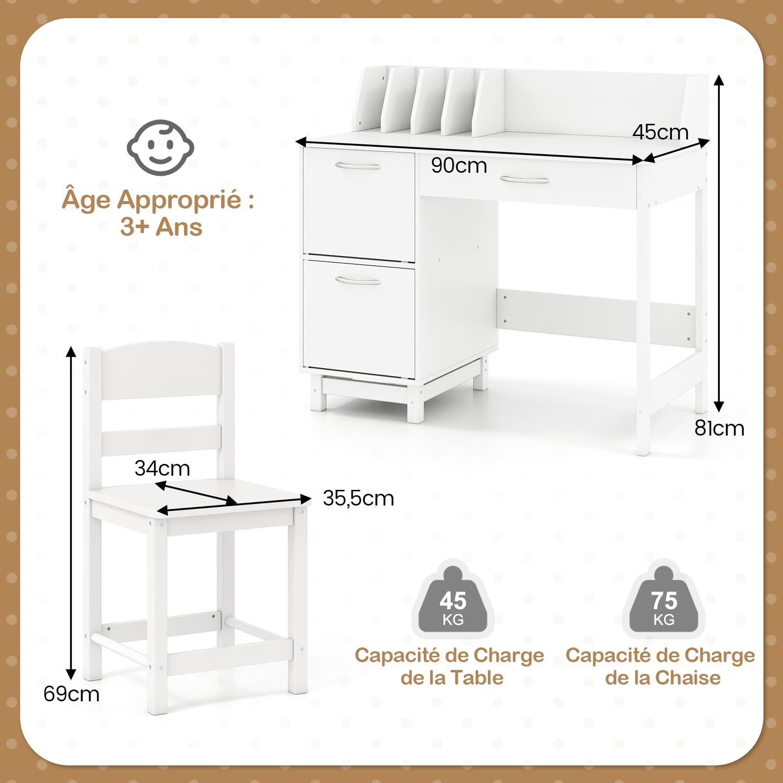 COSTWAY Bureau Enfants avec Chaise Ergonomique & Niches, Table d'Étude en Bois avec 2 Placards & Tiroir, Dispositif Anti-Basculement, Table et Chaise pour Dessiner Lire, 90x45x81cm