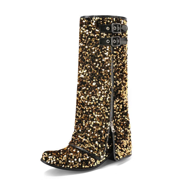 Sparkly Knee High Boots for Women Sequin Fold Over Boots with Side Zipper Party Prom Glitter Boot Chunky