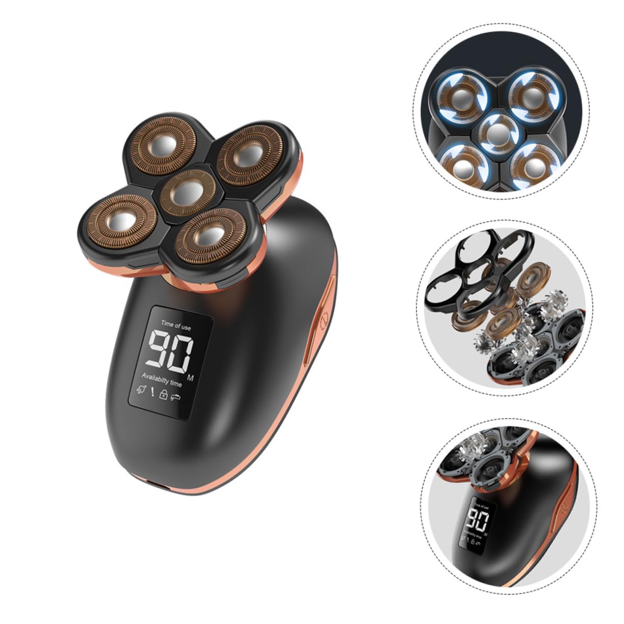 Rasoio Elettrico a 5 Testine Display Lcd, Ricarica USB | Corpo in Abs Nero, Lavabile Sotto Acqua, Taglio Sicuro per Barba e Chioma, Uso Domestico e Viaggio