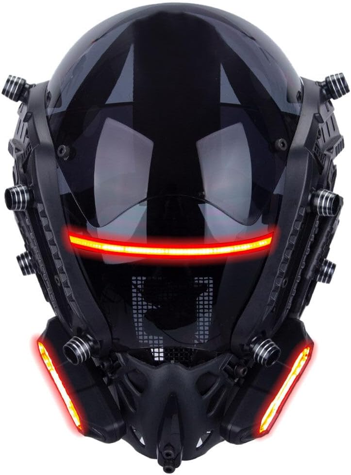 Punk Future Tech Helmet Mask with LED Red Lights, Black Horns & Face Shield, Halloween Cosplay Costume Accessory for Men Punk Future Tech Helmet Mask with LED Red Lights, Black Horns & Face Shield, Halloween Cosplay Costume Accessory for Men