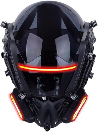 Punk Mask Helmet Cosplay for Men, Techwear Mask Futuristic Mask with Red LED Lights, Halloween Cosplay Costume Mask