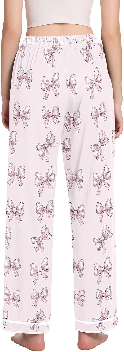 Pajama Pants Women Bows Pink Printed Soft Sleep Lounge Pj Bottoms with Pocket S-XXL
