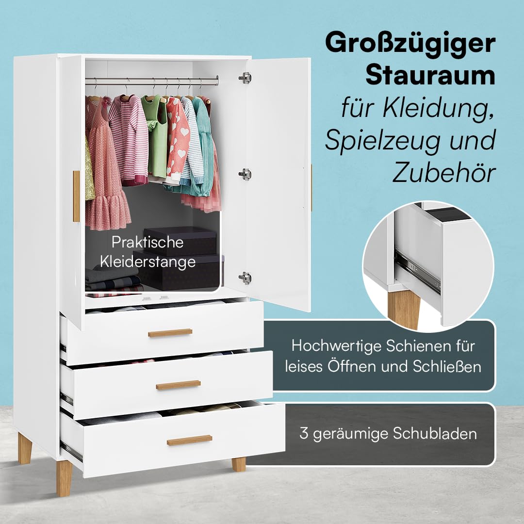 Bellabino Liri Kinderkleiderschrank – Kleiderschrank Kinderzimmer 2-türig mit 3 Schubladen in Weiß/Natur – Babyzimmer Schrank für Mädchen & Jungen – 183 x 56 x 90 cm (HxTxB)