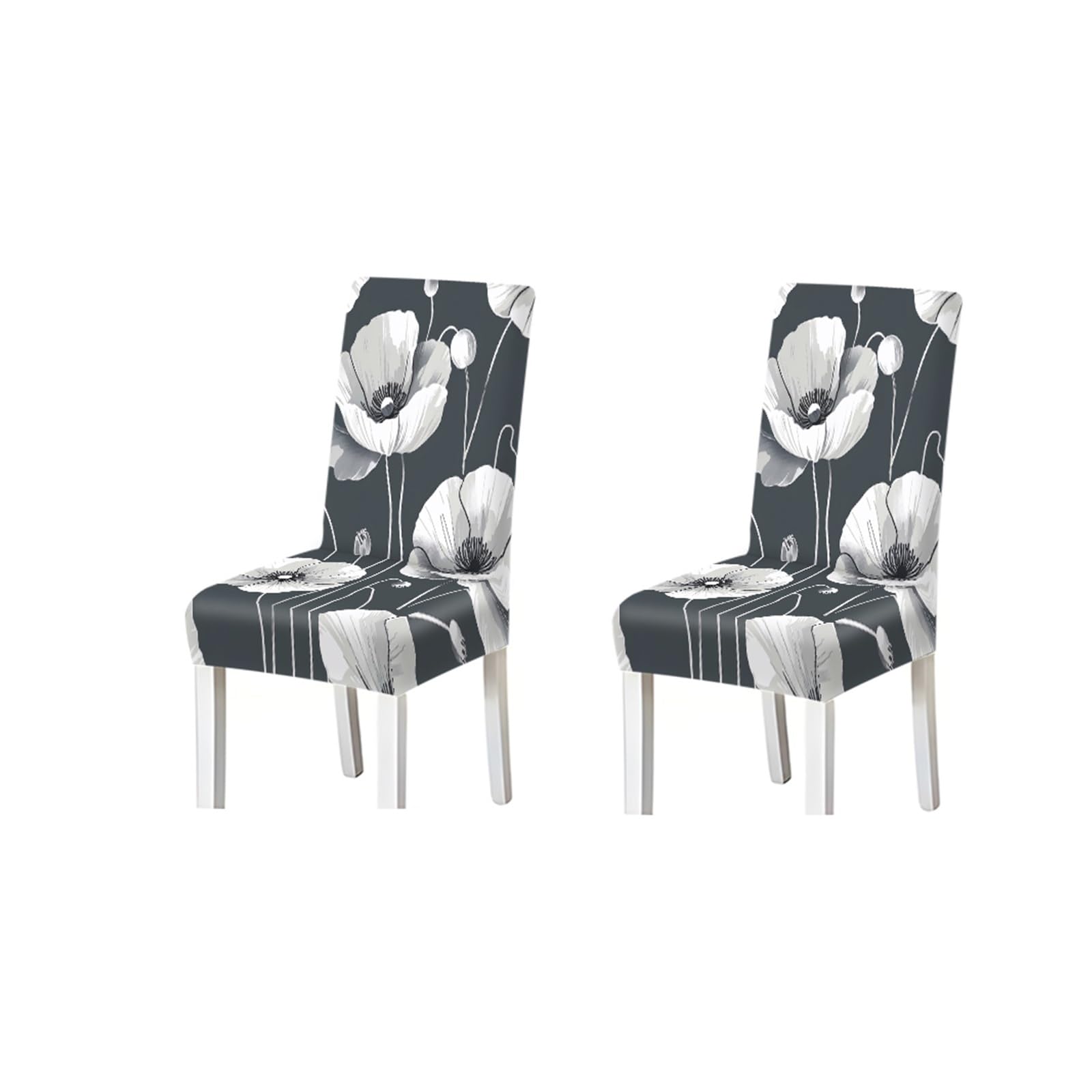 BOSUYBN Gray White Poppy Leaf Print Dining Chair Covers Set Of 2/4/6, Premium Stretch Slipcovers For Kitchen Dining Room Furniture Protectors for Home Dining Room(2PCS Chair cover)