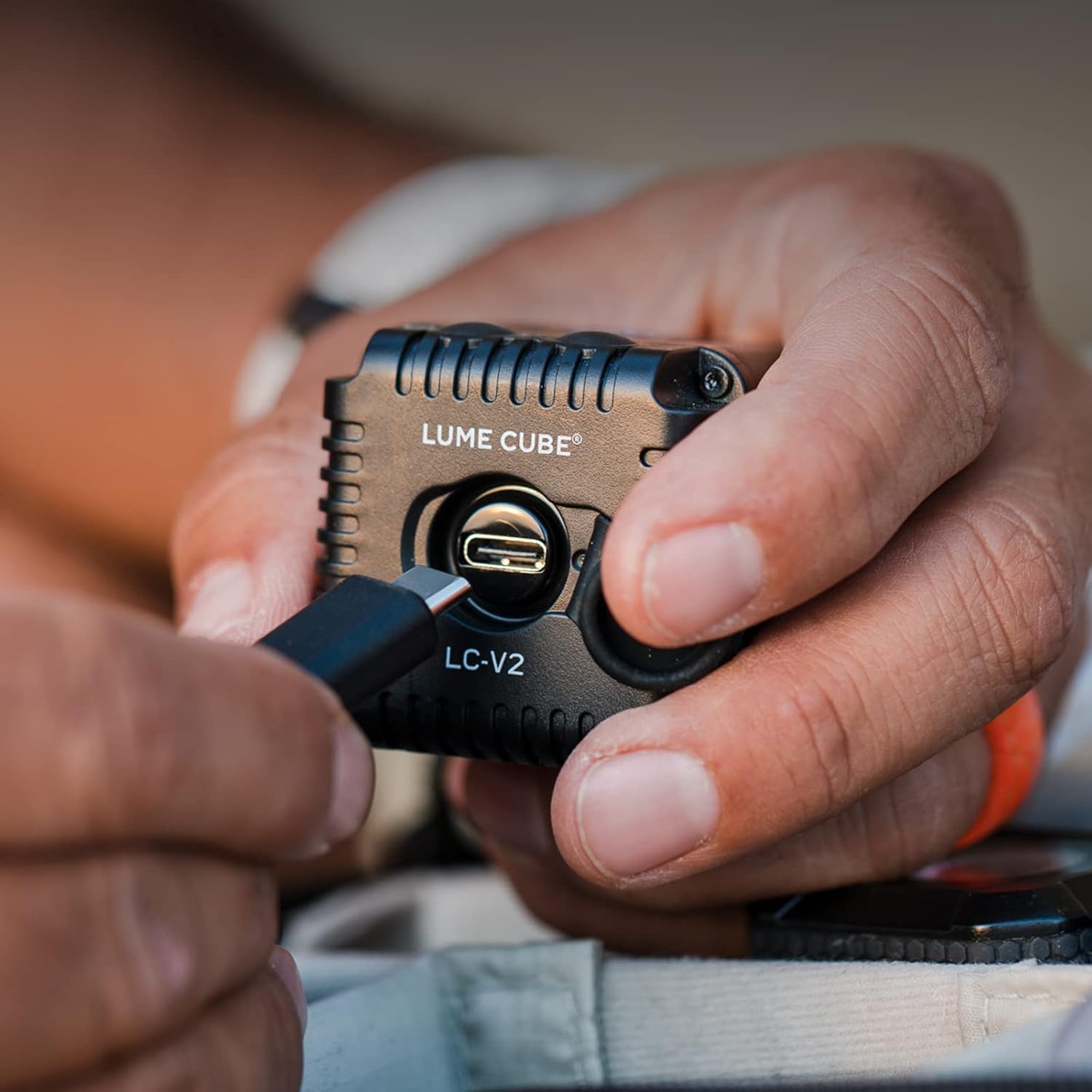LUME CUBE 2.0 being charged via USB-C