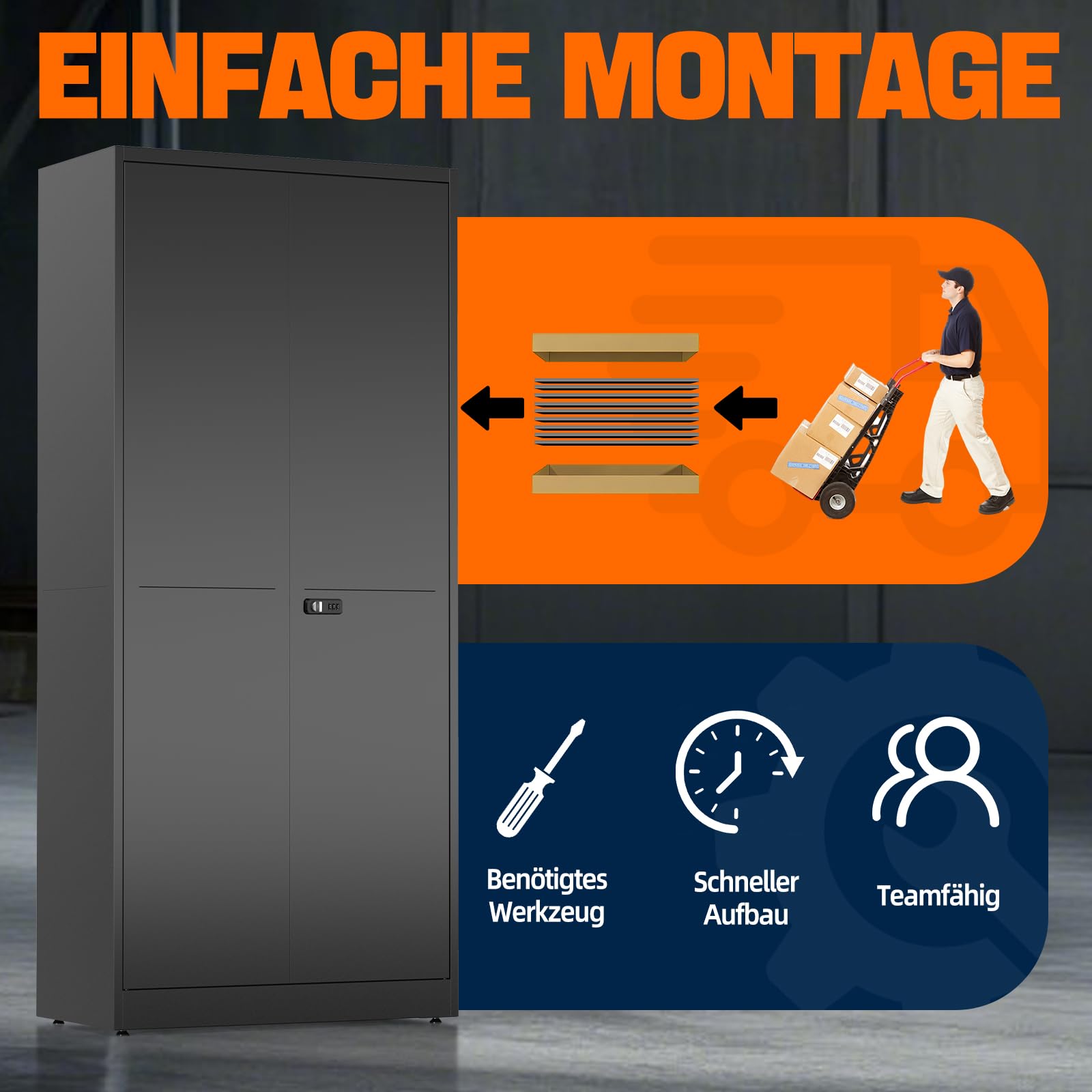 Aufbewahrungsschrank mit 2 Türen, Stahlspind, Abschließbarer Metallschrank mit Zahlenschloss, Verstellbare Regale, 180x80x40 cm, Mehrzweckschrank für Büro Garage & Haushalt, Schwarz