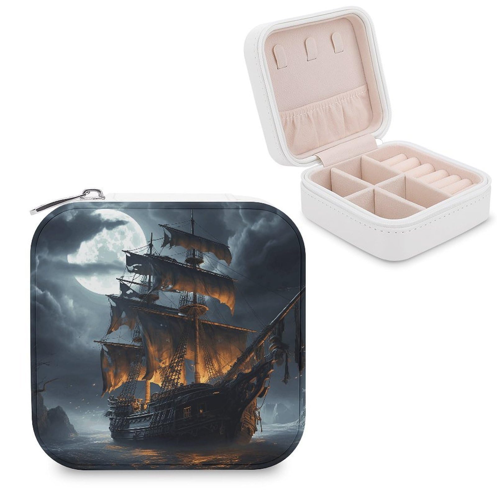 VstaDank Pirate Sailboat Full Moon Jewelry Box Exquisite Leather Jewelry Organizer Portable Trinket Organizer Fashion Travel Jewelry Case for Rings Earrings Necklaces Unique Gifts for Women