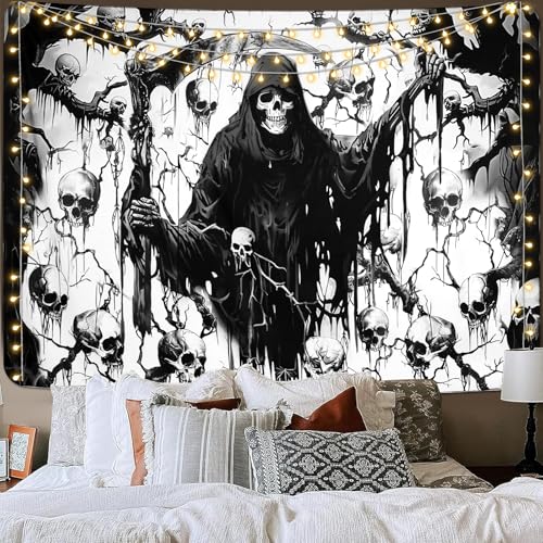 Invoibler Halloween Skull Tapestry Goth Skeleton Tapestries Grim Reaper Decor Black And White Tapestry Horror Aesthetic Tapestry Wall Hanging For Bedroom thumb #2