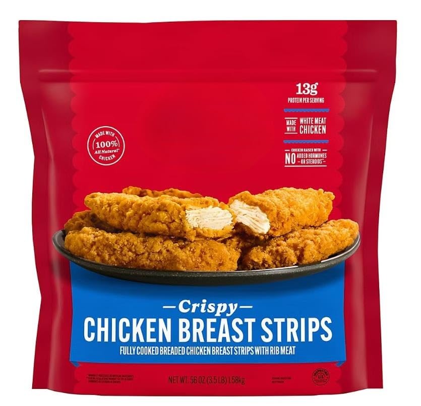 Frozen Crispy Chicken Strips , crispy chicken strips are a delicious addition to any meal. These chicken strips are made with all-natural white meat chicken with no preservatives, then breaded and seasoned to perfection. With 0 grams of trans fat and 13 grams of protein per serving, these chicken strips are sure to be a hit with the entire family. Fully cooked and ready-to-eat, simply prepare in an oven, microwave, or air fryer and serve with ranch for a protein packed dinner. [ 56 oz , 3.5 lb ]