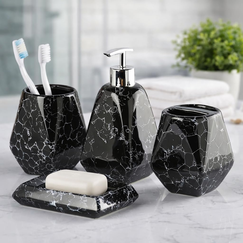 Whizzo Premium Ceramic 4 Pcs Bathroom Accessories Set | Soap Dispenser, Toothbrush Holder, Tumbler & Soap Dish | Marble Finish | Modern Bathroom Decor Set (BS-851, Black)
