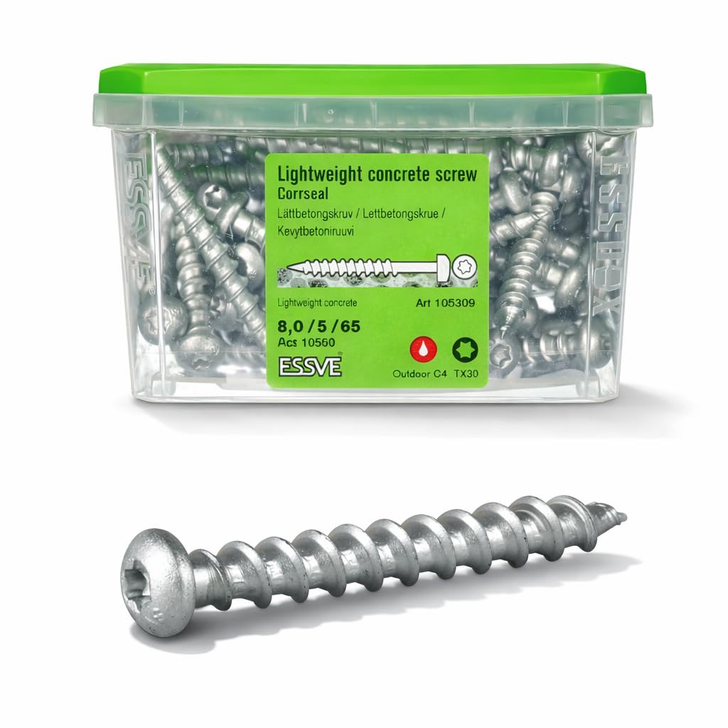 ESSVE Porenbetonschrauben Set 8,0x65 & 8,0x90 mm TX30 Rundkopf CORRSEAL C4 – je 100 Stück | für Ytong, Siporex, Leca | ohne Vorbohren | hohe Tragkraft | Spezialgewinde | ESSBOX+ (8,0x65)