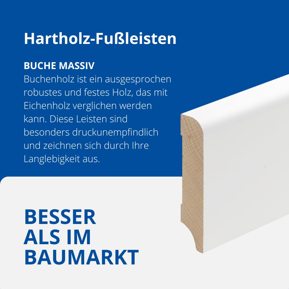 REESE | Massivholz Sockelleiste | Münchener Profil | Oberkante Rund | Buche WEISS | (80mm Höhe, 5 Stück / 11,5lfm)