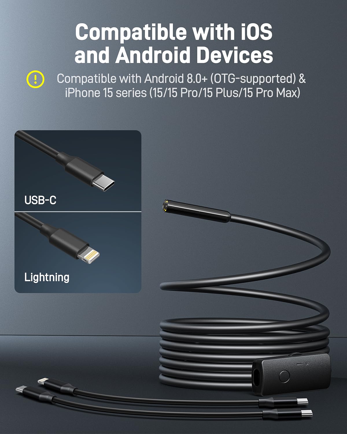 Anykit Endoscope Camera with Light, 1920P HD Borescope with 8 Adjustable LED Lights, Semi-Rigid Snake Camera with Light, IP67 Waterproof Inspection Cam for iPhone & Android, 9.8 ft Single Lens