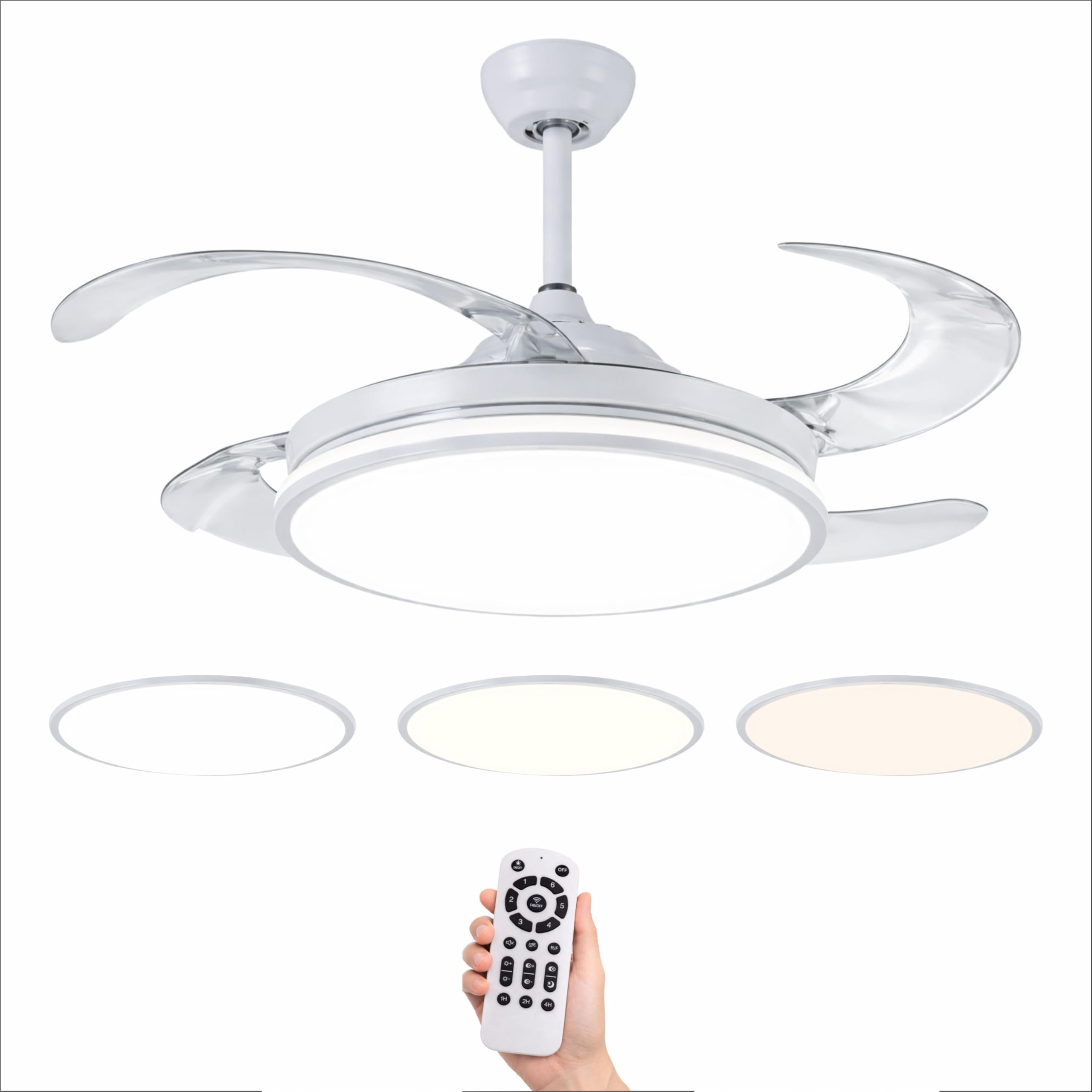 LED Ceiling Fan 66W, Adjustable in Intensity and Light Tone from Cold to Warm, 4 Retractable Blades, Remote Control and APP for Mobile, Ultra Quiet DC Motor, 6 Speeds (Olg White)