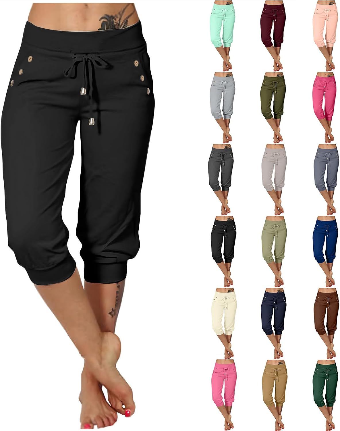 High-Waisted Women’s Capris: Drawstring Sweatpants with Buttons, Pockets, and Casual Athletic Fit High-Waisted Women’s Capris: Drawstring Sweatpants with Buttons, Pockets, and Casual Athletic Fit