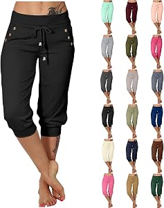 EMATOP Jogginghose Damen 3/4 Lang Baumwolle Sporthose Casual Capri Hose Leicht Einfarbig Laufhose Sport Sommer Sweathose Elegant Bequem Sommerhose mit Taschen Freizeithose Trainingshose Outdoor