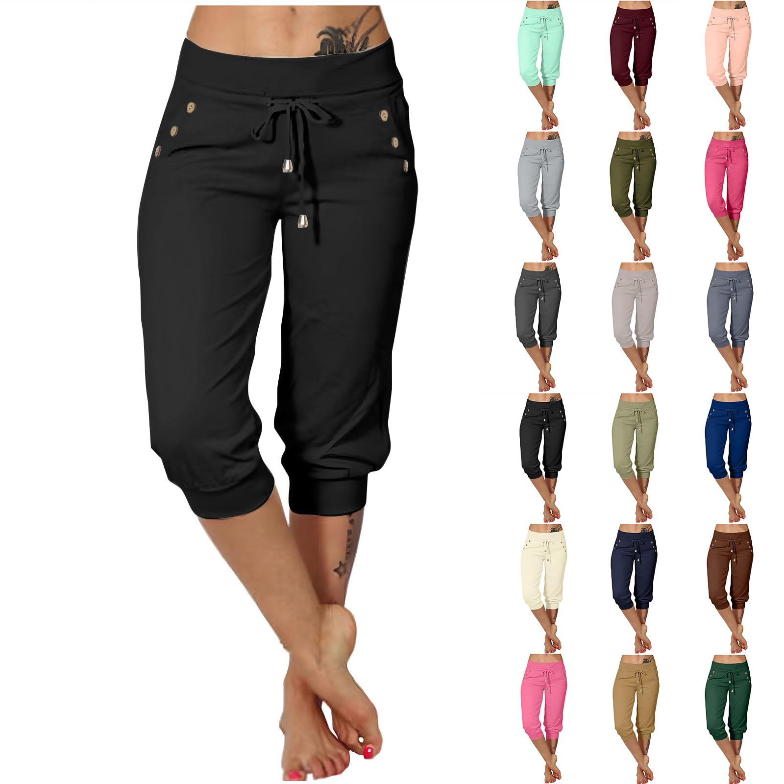 EMATOP Jogginghose Damen 3/4 Lang Baumwolle Sporthose Casual Capri Hose Leicht Einfarbig Laufhose Sport Sommer Sweathose Elegant Bequem Sommerhose mit Taschen Freizeithose Trainingshose Outdoor