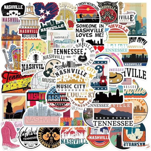 Nashville Music City Stickers |50 Pcs Tennessee Nashville Waterproof Vinyl Decals for Water Bottles Laptop Luggage Cup Computer Mobile Phone Skateboard Guitar Helmet Snowboard Décor