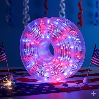 900 LED Christmas Rope Lights, 99 FT Waterproof Outdoor Lights with 8 Lighting Modes Timer Memory, Flexible Decorative Lights for Garden Patio Party Wedding Xmas Decor Red White Blue