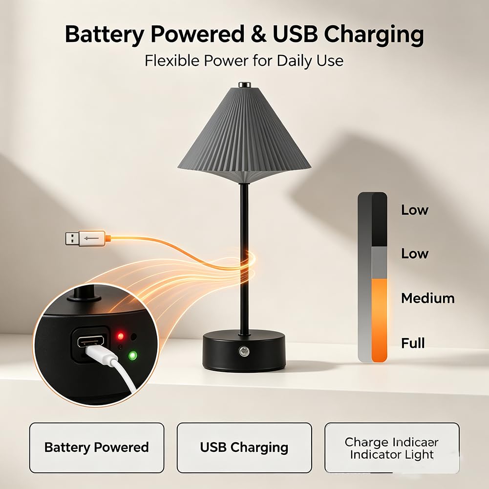 Lampada da Tavolo Touch Control Alimentata a Batteria Ricaricabile in Alluminio Lampada da Comodino Regolabile per Interni Illuminazione da Tavolo a Batteria Ricaricabile Senza Cavi,Grigio