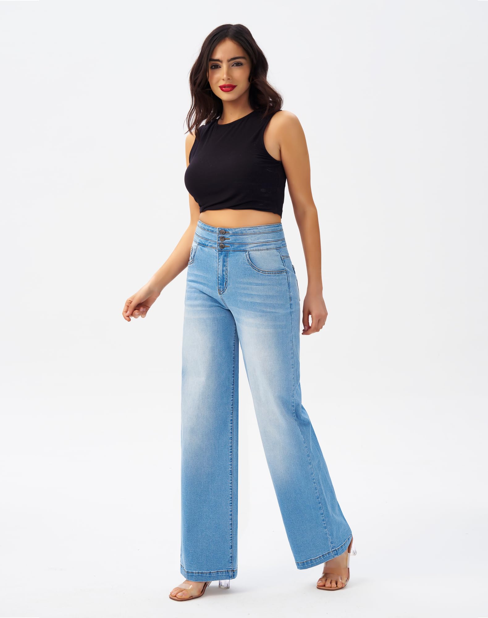 roswear Damen Jeans mit weitem Bein, leger, hohe Taille, Stretch, lockere Denim-Hose