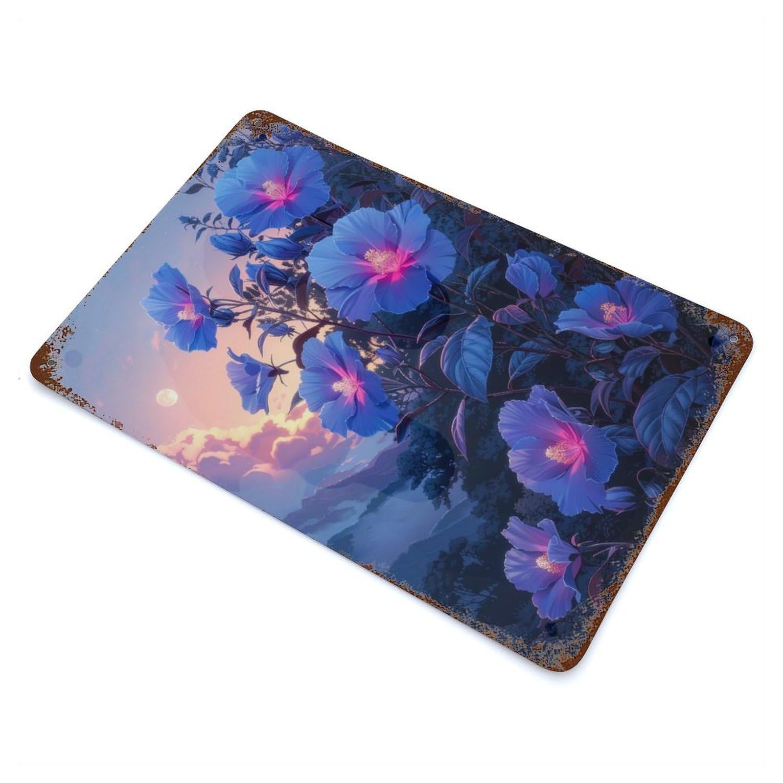 Moon Flowers at Dusk Weathered Tin Sign 11.8"x7.9", Ideal for Shed, Workshop And Garage Wall Decor