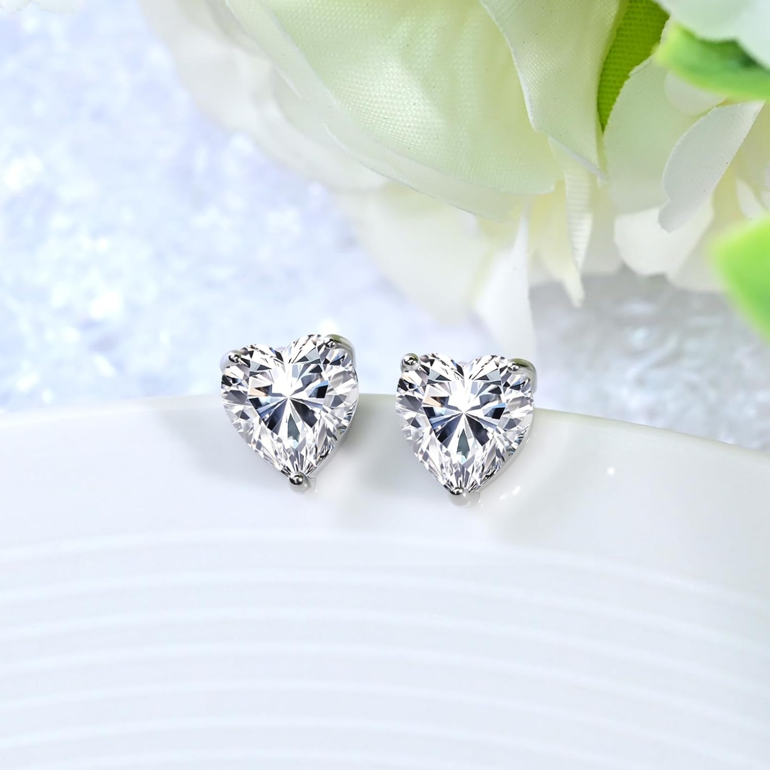 Silver Heart Cubic Zirconia Earrings Studs, 7MM CZ Stud Earrings for Women 925 Sterling Silver Post, Sparkling Hypoallergenic Heart Shape Princess Cut Jewelry for Women - Image 6