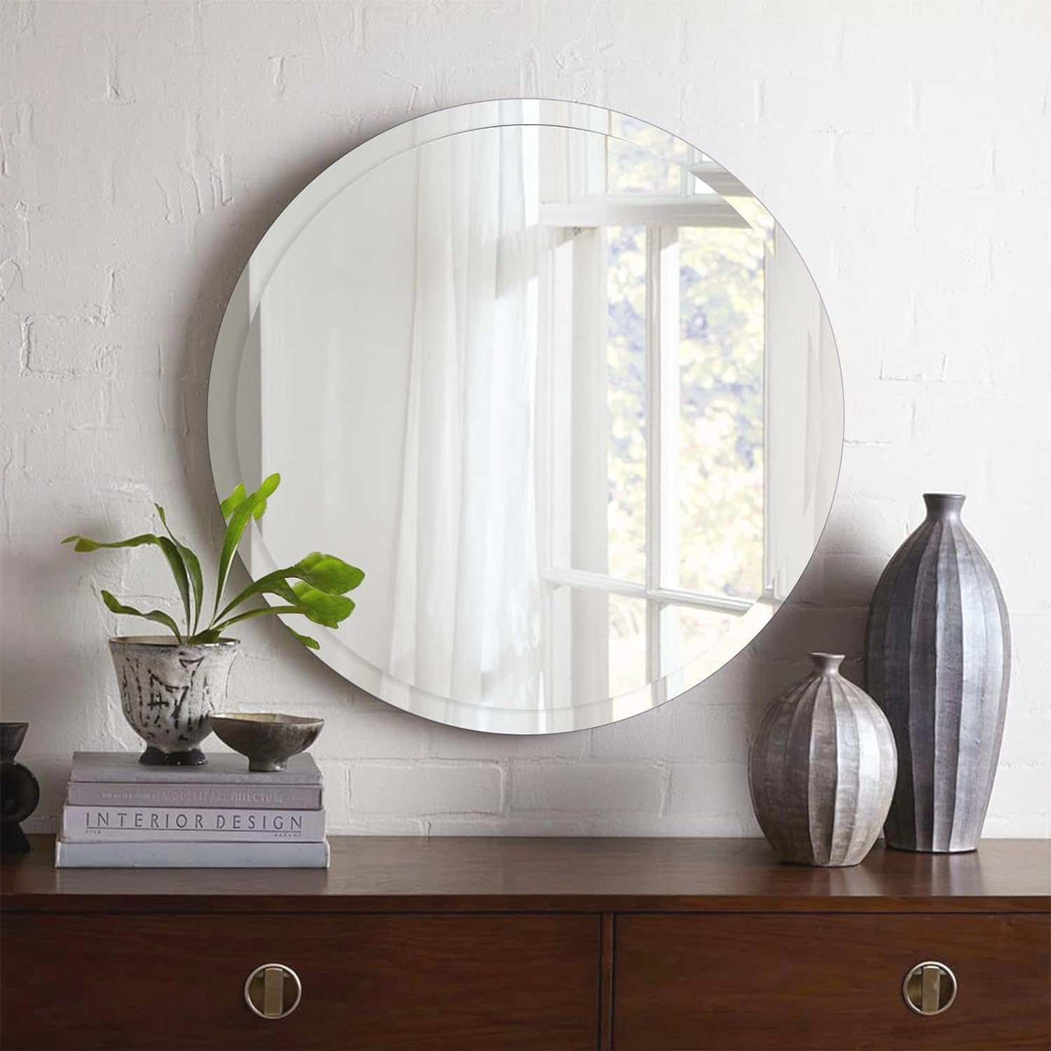 30 inch Beveled Bathroom Mirror, Frameless Round Mirror, 1" Polished Beveled Edge Circle Mirror for Bathroom, Living Room, Bedroom