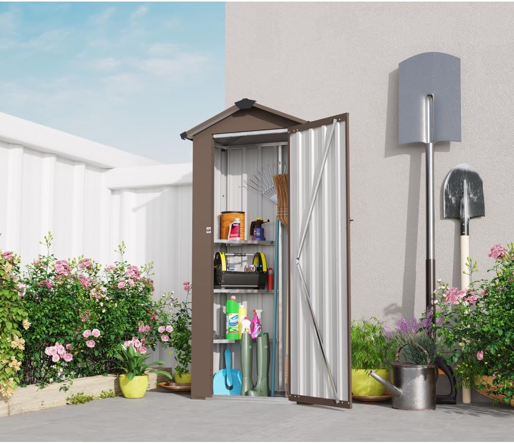 Durable Metal Outdoor Storage Shed for Garden Tools, Waterproof and Rust-Resistant Backyard Utility Locker with Lockable Door (Brown + Metal)