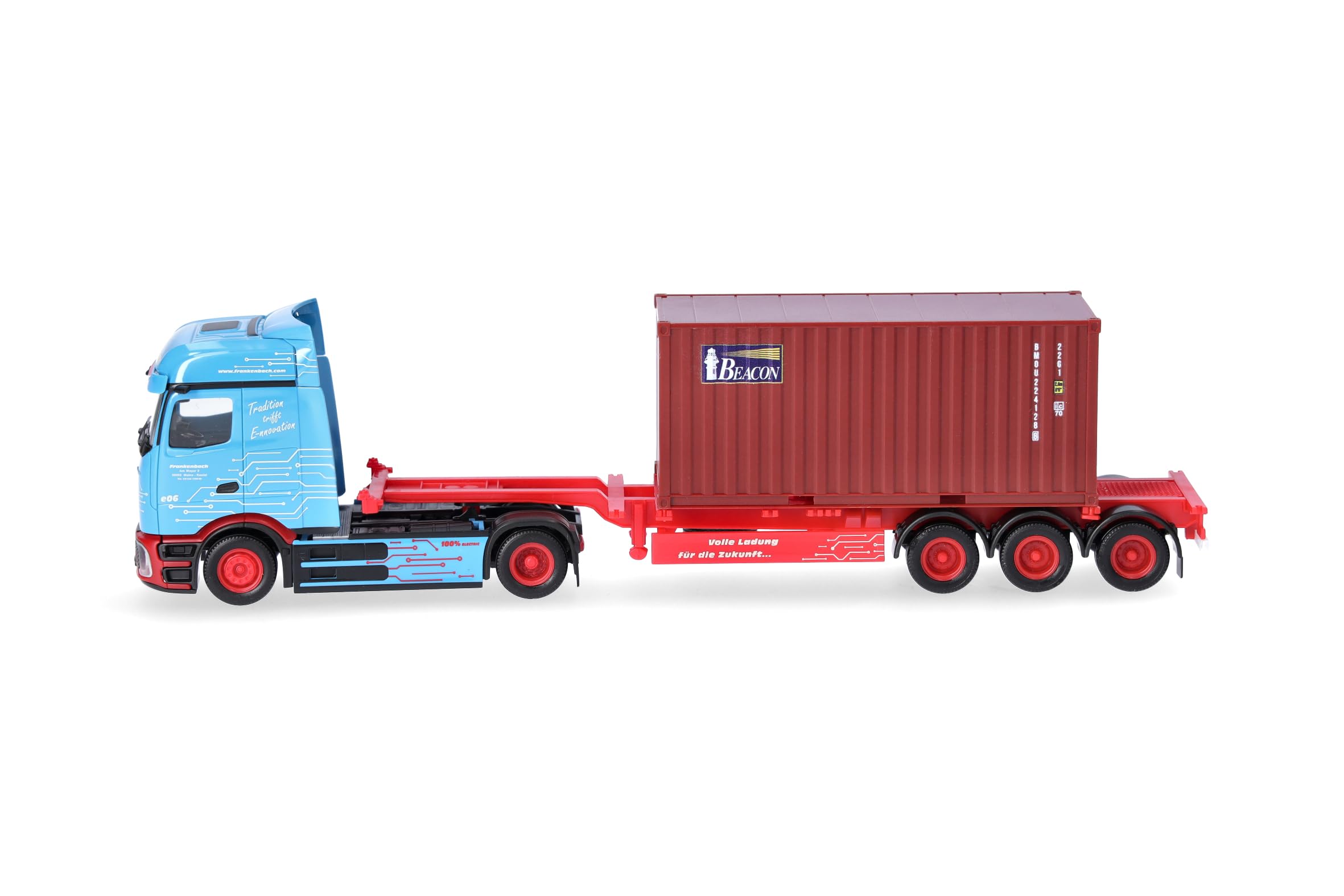 Herpa LKW Modell Mercedes-Benz eActros ProCabin BigSpace 20 ft. Container-Sattelzug Frankenbach, Miniatur im Maßstab 1:87, Sammlerstück, Made in Germany, Kunststoff