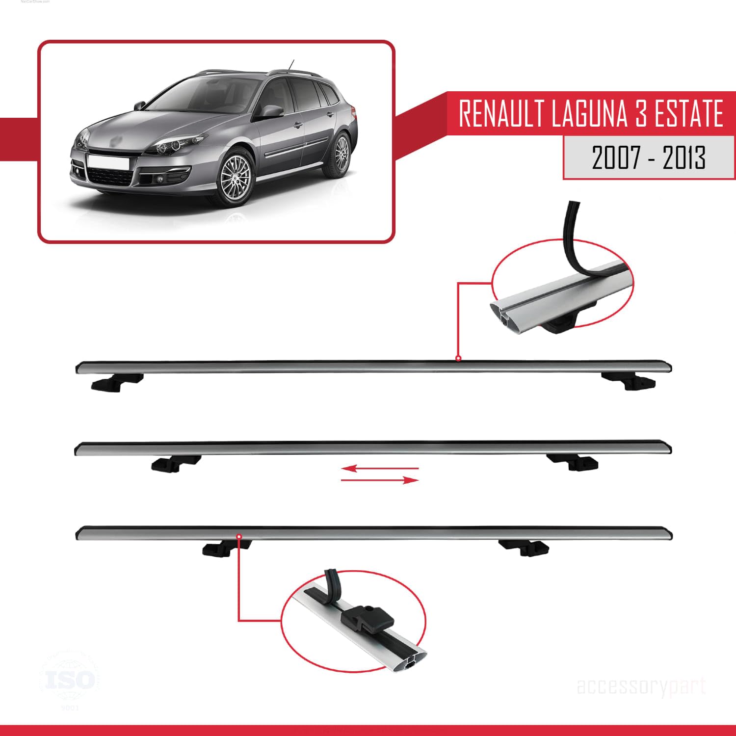 Pasuje do Renault Laguna 3 Estate 2007-2013 BASIC Model relingi dachowe do samochodów, szary, aluminium, 2 pręty