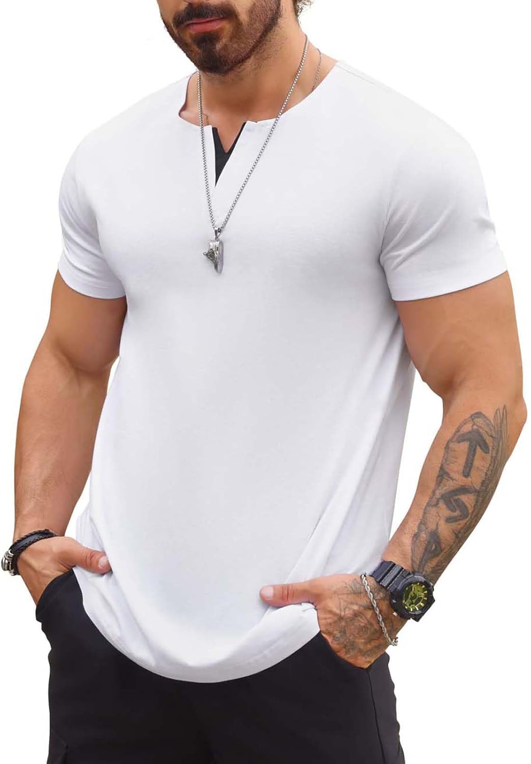 Mens V-Neck T Shirts Casual Fashion Longline Shirt Tee for Men - Image 2