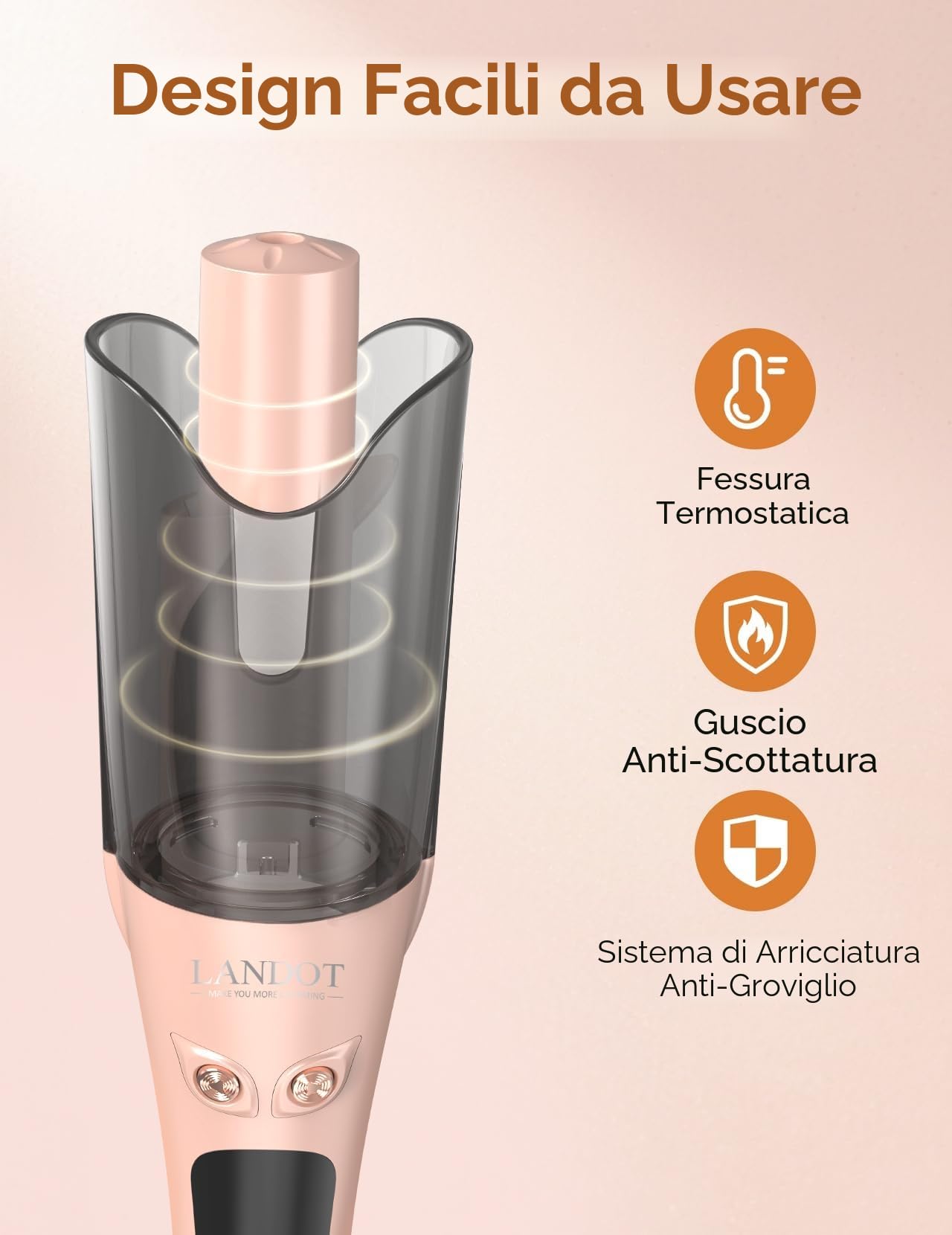 LANDOT Ferro Arricciacapelli Automatico 25mm, Oro Rosa - Anti-Scaldatura per Ricci Perfetti, 8 Temperatura 150-220°C per Capelli Fini e Spessi