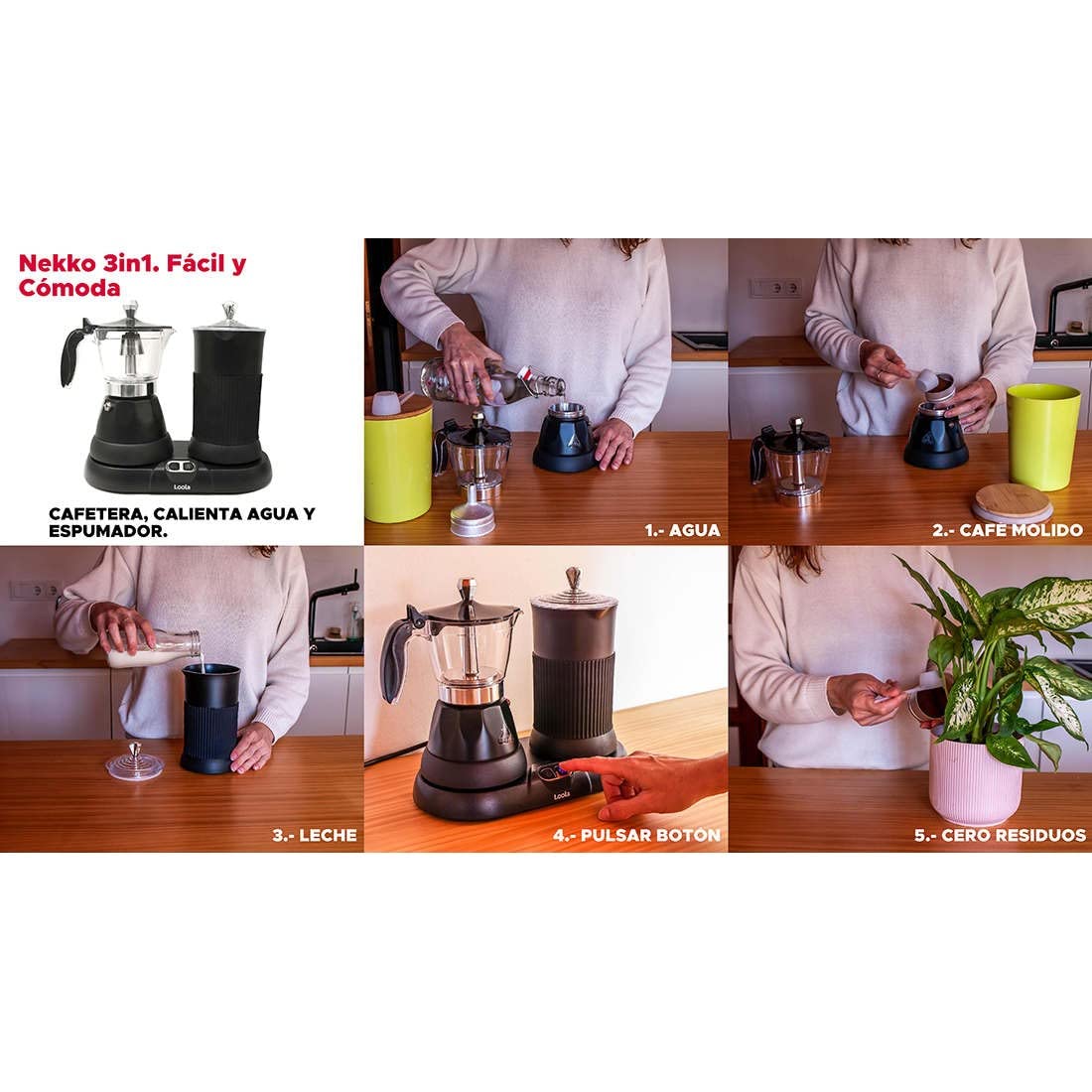Loola - Cafetera Eléctrica Italiana Moka Nekko 3 en 1 | Espumador de Leche | 1,9 Bar de Presión para Café Cremoso | Ecológica y Versátil, Negro Mate | Cafetera Italiana 3 Tazas