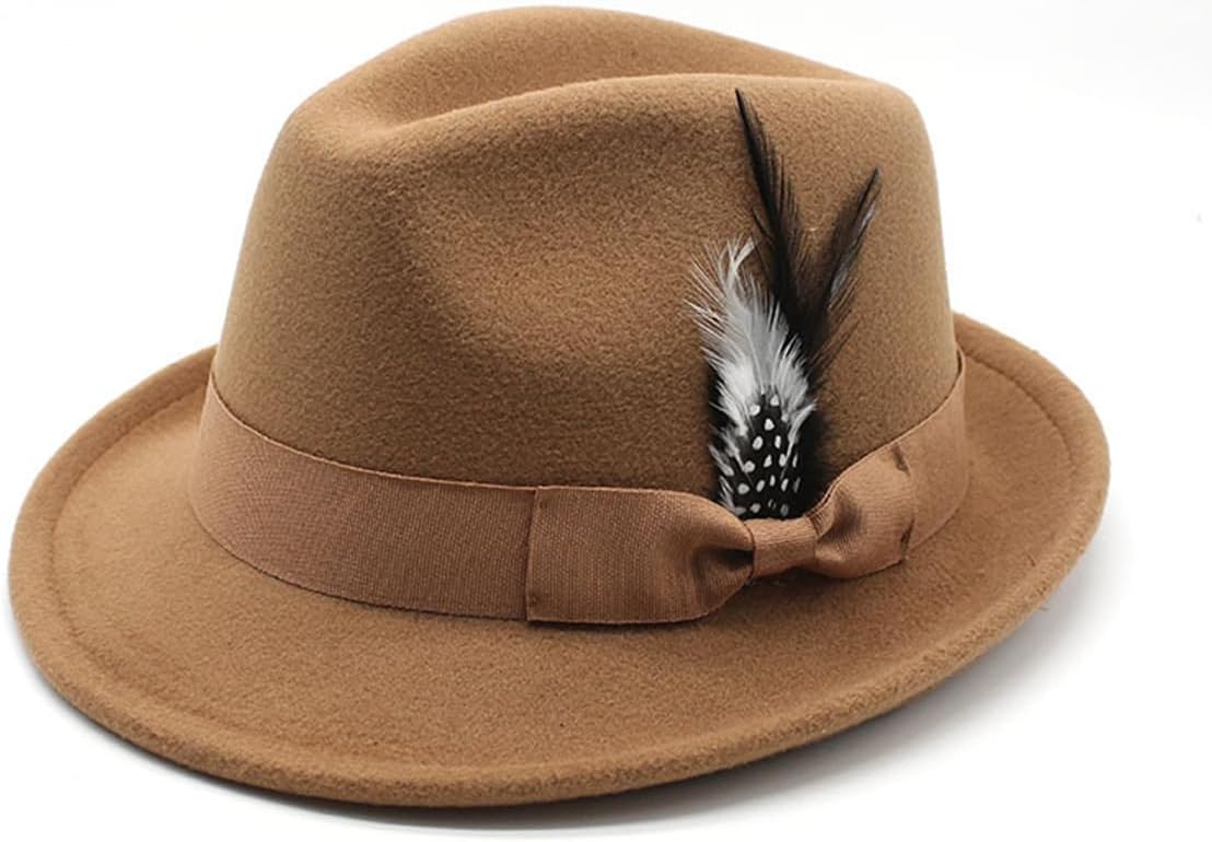 Fedora Hat for Women, Classic Short Brim Felt Panama Cap | Winter Warm Feather Detail Adjustable Lightweight Solid Color Vintage Jazz Hat 56-58cm