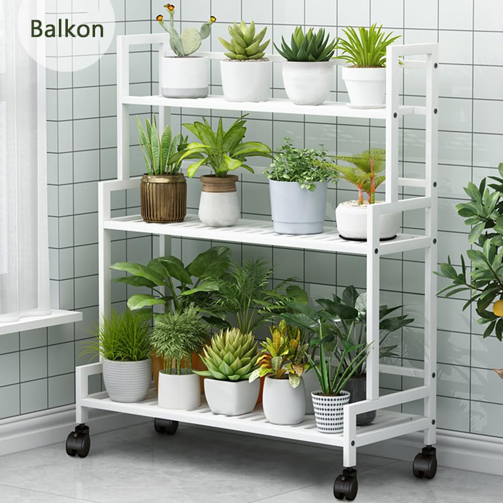 Soporte para plantas de metal, 3 niveles, gran capacidad, estantería para plantas con 4 ruedas, estantería multifuncional para flores para exterior, interior, balcón, jardín, salón (blanco)