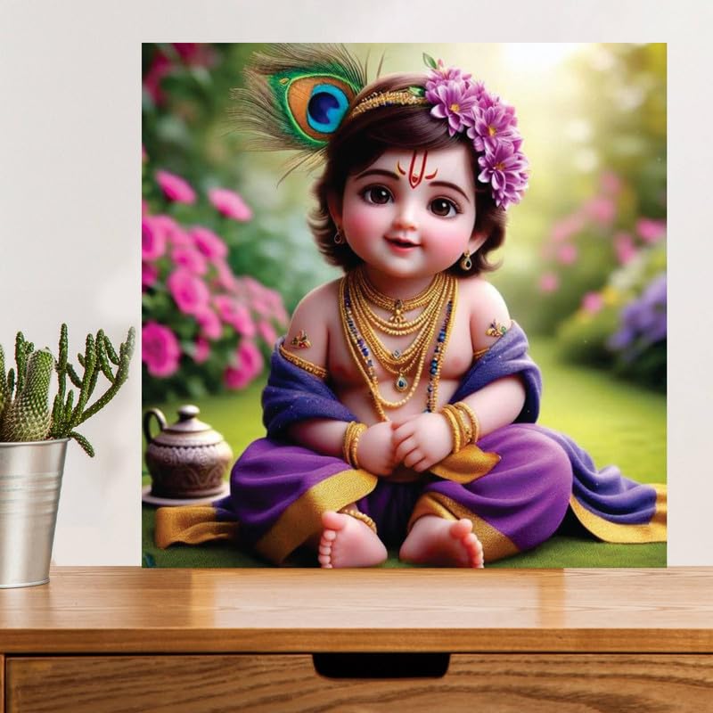 Image of British Terminal Cute little Bal Gopal Baby God Krishna| Kanha Ji | Laddu Lord Makhan Chor Painting Religious Poster for Pregnant Women for wall (matt thin vinyl,sticker,multicolor,unframed)| bj210