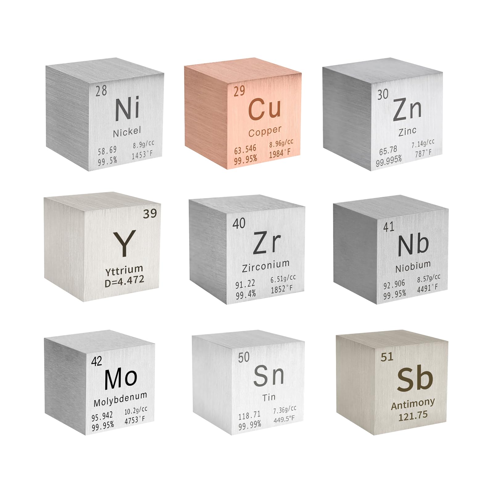 Cubes Élémentaires Cubes de Densité pour la Science 0.39in/10mm 9pcs Set pour les Collections d’Éléments le Matériel d’Expérience de Laboratoire-Ni Cu Zn Y Zr Nb Mo Sn Sb