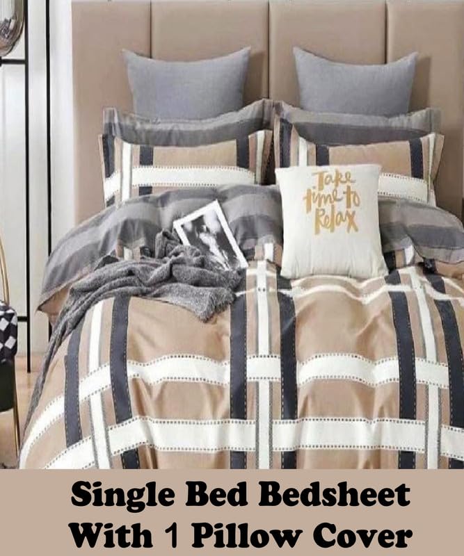 Image of Polycotton Single Bed Bedsheet, Flat Sheet with 1 Pillow Cover, Queen (60x90 inch), 300 TC, Grey & Cream, Set of 2