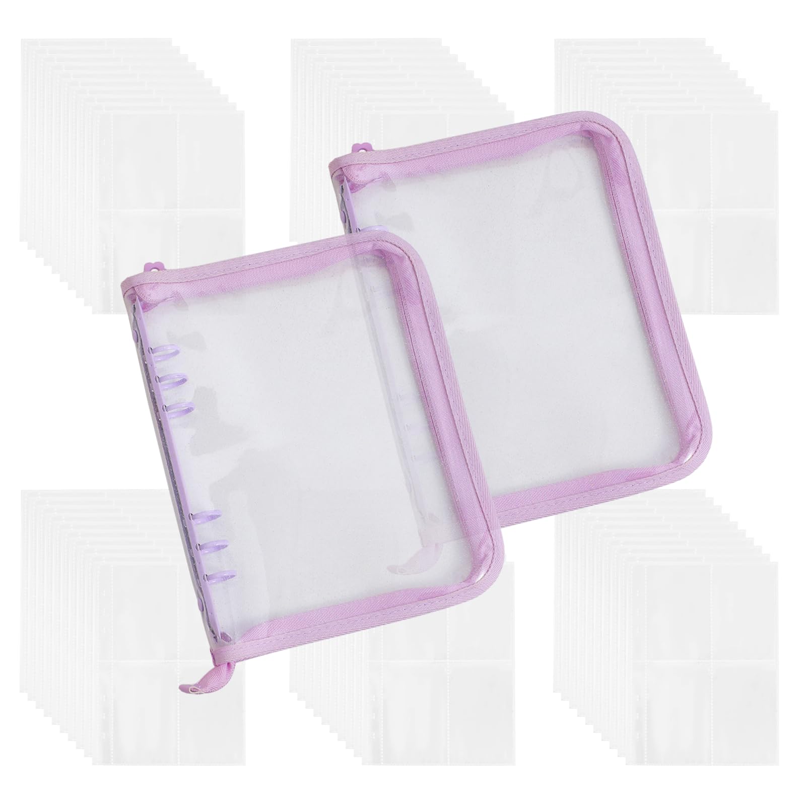 2 Pcs A5 6 Ring Binder Notebook with 60 Pack 4-Pocket Refill Pages, PVC Kpop Photocard Holder Book with Zipper, 10'' x 7'' Photocard Binder Sleeves (Purple)