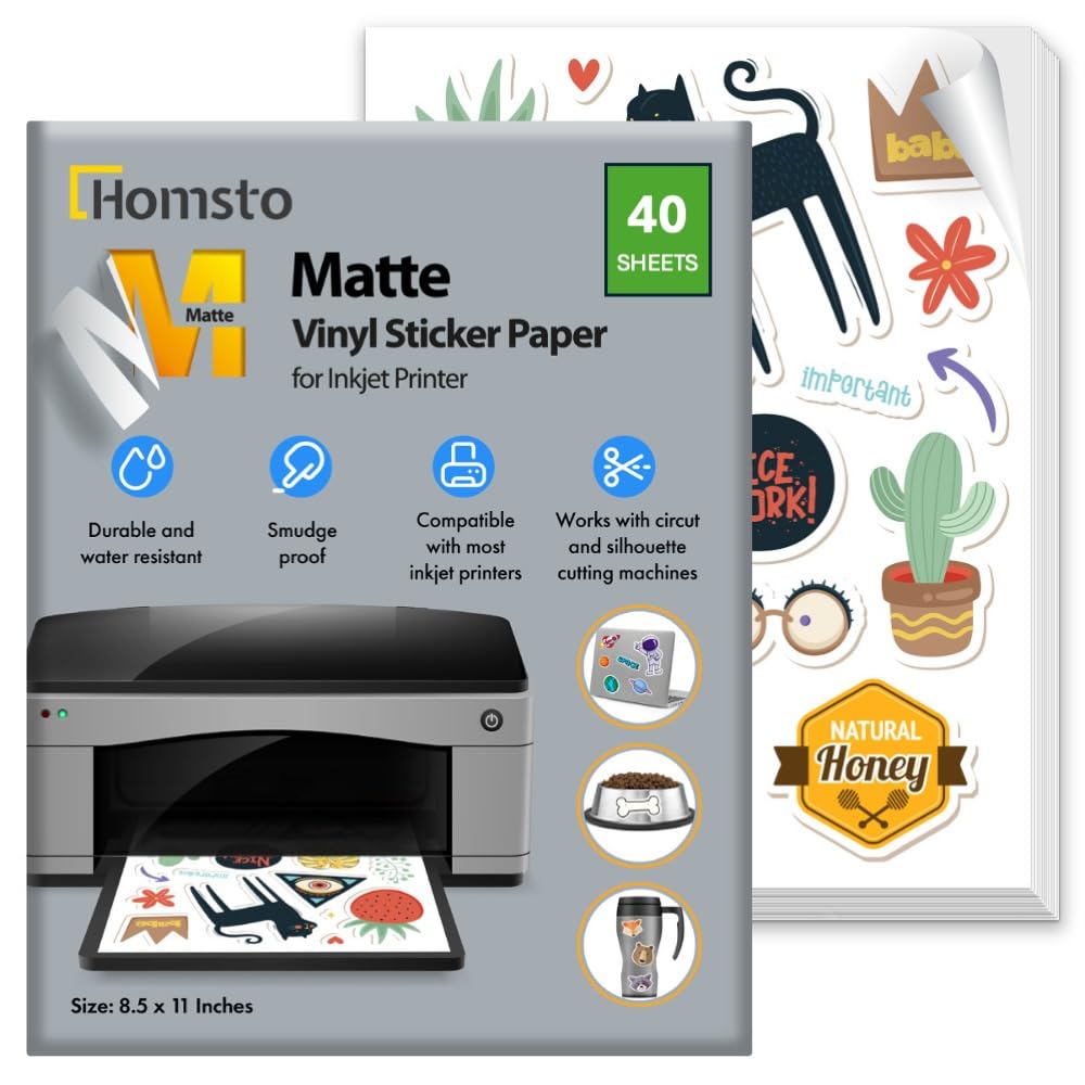 Papier z naklejkami winylowymi, matowy papier do drukowania do drukarki atramentowej, szybkoschnący, wodoodporny, odporny na zarysowania, przykleja się do większości powierzchni, 20 x 28 cm, 40